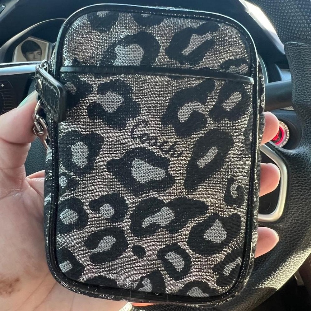 Coach black leopard print mini cosmetic pouch bag leopard print metallic black